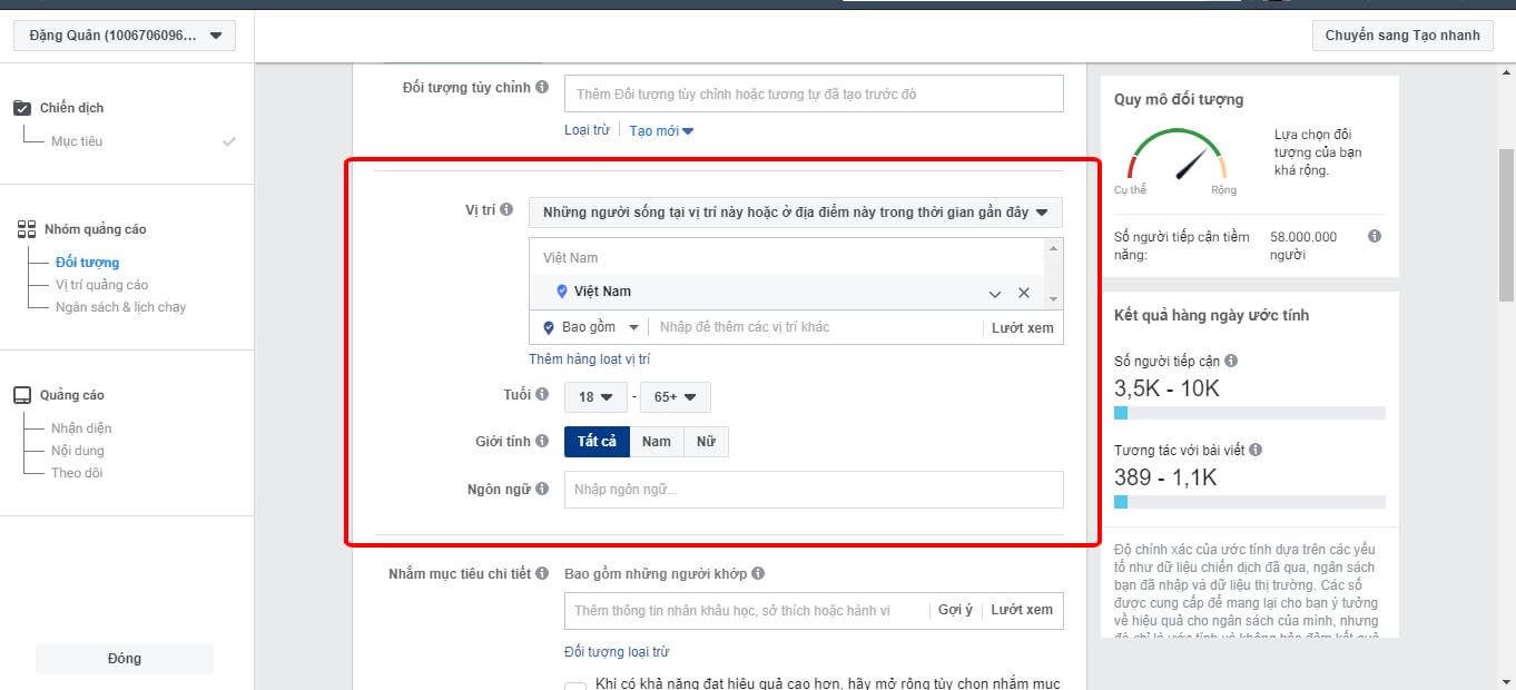Thiết lập quảng cáo facebook chọn đối tượng quảng cáo